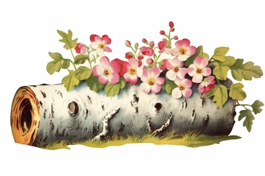 Vintage 1920 detailed Birch Tree Trunk With Flowers Illustration, Chromolithograph, Die Cut, 1920s Illustration, Vintage, Chromolithograph, Colorful, Antique, Ephemera, Clipart, 8k, Isolated on white