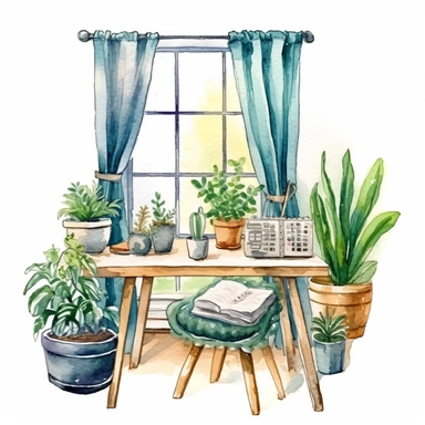A boho style home working corner with watercolor effect, boho style tools, boho style big window, , boho style details, boho colors, suitable for digital clipart, white background, boho style green plants, boho flowers