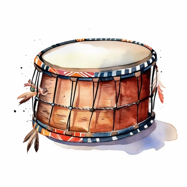 a colerful american indian drum in simply design, watercolor style, clipart, white background