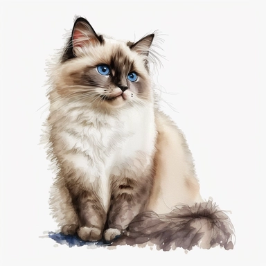 watercolor cute Ragdoll cat clipart, white background,