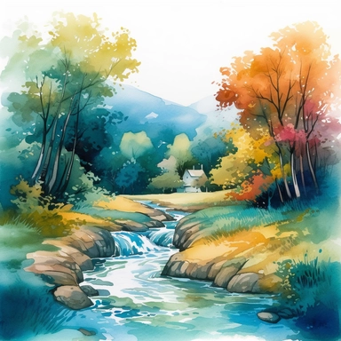 A vibrant watercolour landscape featuring a lively river flowing through a colourful forest. The style is bold and expressive, with bright colours and dynamic brushstrokes. The river is alive with movement, as it rushes over rocks and around bends. The trees are ablaze with autumn colours, creating a stunning contrast with the cool blues of the water. The clipart is highly detailed, with intricate textures and patterns in the foliage and water. The lighting is bright and cheerful, casting warm h