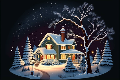Stunning Vector clip art Christmas scene. frosty winter evening, snow is falling gently outside. The Christmas scene is one of festive cheer, as a cozy house is adorned with twinkling Christmas lights and colorful decorations. A tall Christmas tree with ornaments, gifts, decorations stands proudly in the front yard, its branches glistening with snow. The house itself is a picture of holiday cheer. Its windows are adorned with wreaths and garlands, and a wisp of smoke curls from the chimney. The 