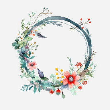 Springwood circle flower Christmas watercolor composition with twigs on a white background. wreath, frame, and border. Greeting card, poster, banner with space for text CUTE STICKER Frealistic cartoon in 32K UHD cute. 15 cm thick outline. Black color. There was no shadow on the ground. 8k with realistic watercolors and detailed illustrations. PNG clipart, transparent white background