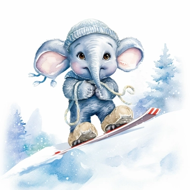 Create a watercolor illustration clipart of a playful cute Baby Elephant Skiing, with its full body visible. Use soft, flowing brushstrokes and a warm, inviting color palette to create an image that is both charming and whimsical. Incorporate intricate details like the motion of Baby Elephant Skiing to create a lifelike, realistic image. Can add other elements to the illustration like related item to play to create playful scene. Use white background to allow the watercolor textures to shine thr