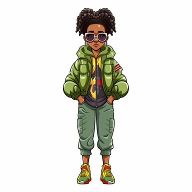 cartoon illustration of a cute black woman, with attitude, leaning with crossed arms, wearing camouflage pants and a green, yellow and red, jacket with red sunglasses, two afro puffs hairstyle, clipart, white background