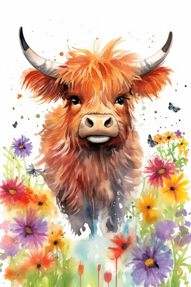 A delightful clipart drawing featuring a cute baby highland cow gleefully frolicking in a lush wildflower field. The drawing is meticulously rendered using a combination of watercolor and pencil colors, allowing for intricate linework and vibrant hues. The baby highland cow is portrayed with adorable tufts of fur and a playful expression, perfectly capturing its carefree spirit. The wildflower field is a tapestry of colors, with a variety of blossoms swaying in the gentle breeze. The white backg