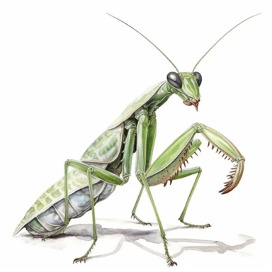 Praying Mantis full body watercolor illustration clipart, photorealistic high details, white background