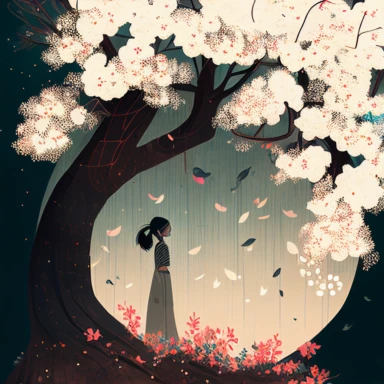 in the style of Ryo Takemasa, xuan loc xuan, Lisa Audit, Anastasia Suvorova, Jon Klassen, greg tocchini, single lady under sakura tree at night, fantasy, limpid, magical, mysterious, white background, vector, clipart, elaborate, ultra-detailed, best quality illustration, vibrant colors, high definition, UHD