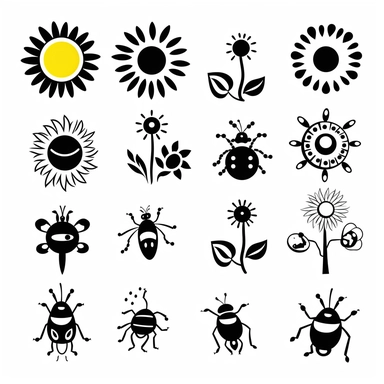 black vector icons of different spring designs , ladybugs, flowers, sun, on a white background, hd vector, clipart, cartoon style, minimalistic simple , 4k