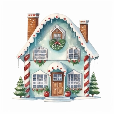 watercolor small cute christmas house clipart with margins, digital watercolor, for children’s book, design lovely style, cartoon funny, simple watercolor, white clean background