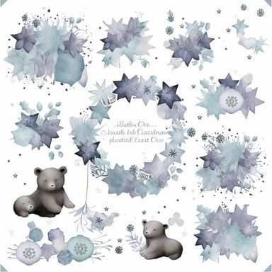 clipart collection on white background featuring wreath made of stars, in blues and greys in this style and color