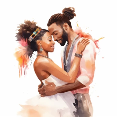 Athletic Afro-Caribbean bride and slim Indigenous groom, holding each other lovingly, serene and affectionate, watercolor, Pixar style, Clipart on a white background.