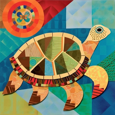 A collage of a turtle clipart with a simple and cute design, made of cut-out paper shapes in different patterns and textures. The turtle has a round body, a small head, four legs, and a curved tail. Its shell is decorated with various geometric shapes in contrasting colors. The background is a plain white paper, creating a stark contrast with the turtle’s colorful appearance. The collage has a fun and creative style, with an inventive use of materials and shapes. The perspective is frontal, crea