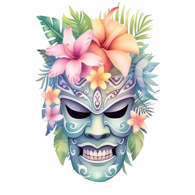 Pastel Cute Beautiful Hawaii Mask tropical flower Watercolor Sublimation Clipart,Cartoon, hyper realistic, intricate detail, illustration style,high solution,on the white background