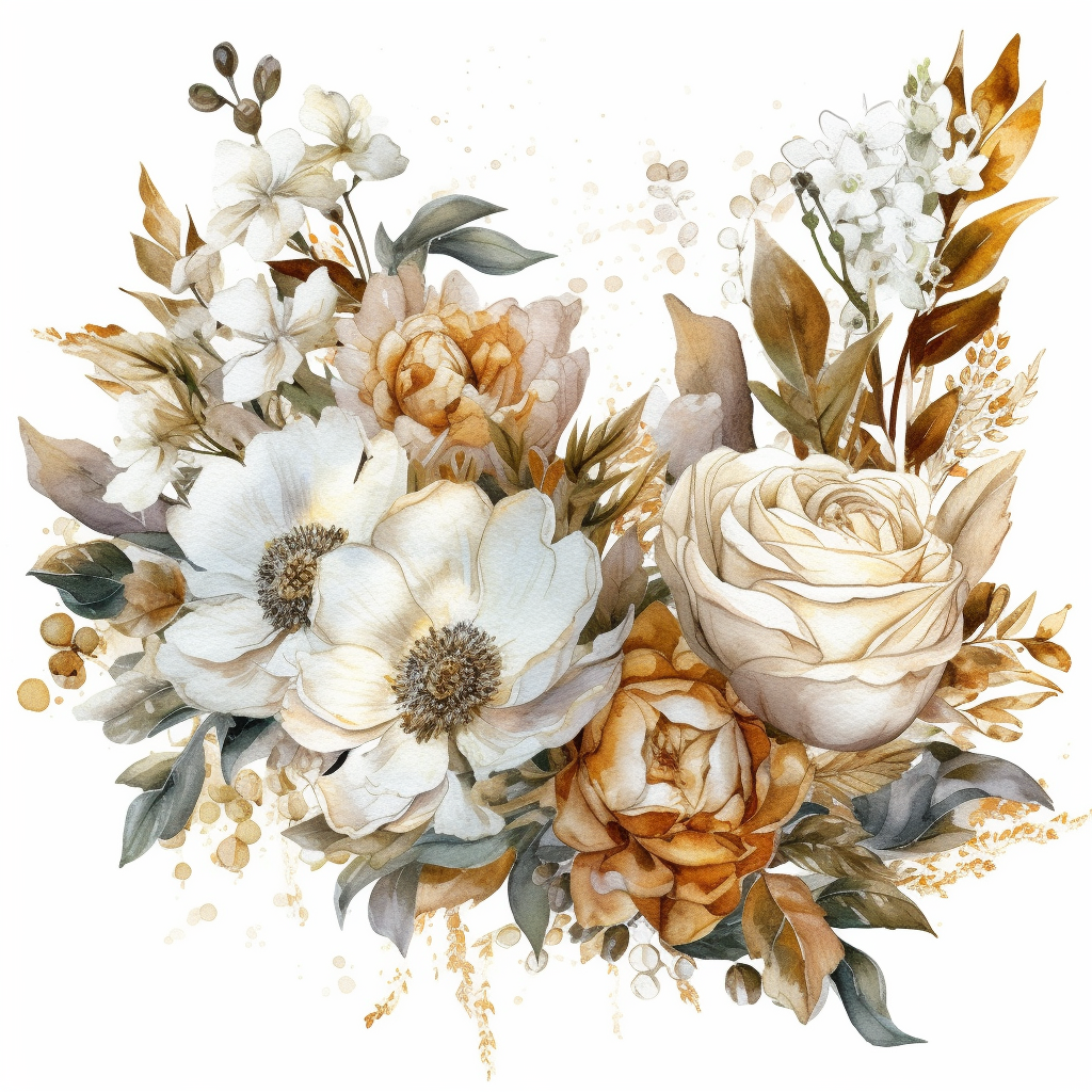 intricate three small bouquets of different white wild fall flowers ...