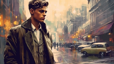beautiful stunning pretty vintage bladerunner style young man, paint art style, clipart, city landscape background, superrealistic, one of a kind
