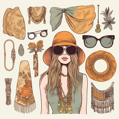 Boho Fashion Accessories: Design clipart showcasing bohemian fashion accessories like wide-brimmed hats, layered necklaces, statement earrings, fringed bags, flowing scarves, and boho-inspired clothing pieces. These elements can be incorporated into fashion illustrations or used in fashion-related designs with vibrant colors, organic shapes, and a sense of free-spiritedness to capture the essence of bohemian decoration.