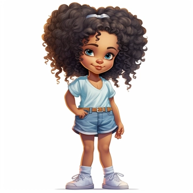Adorable black girl wearing play clothes, ultra cute, cartoon realism, clip art