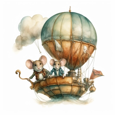 A pair of inventive mice constructing a fantastical airship, complete with propellers and a hot air balloon, ready to take off on an exciting adventure. Watercolor clipart in HD on a white background.