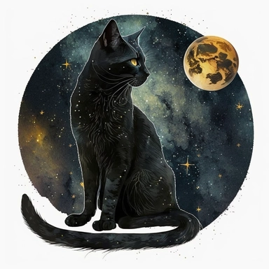 a sitting skinny pagan black cat in front of big starry sky portret, clipart, moon, watercolors, white background, stars, planets, galaxy, magical, ornaments, little golden stars, full body, pictorial space, sparky, glitter, use Cool Color Palette