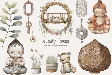 boho, nursery items, baby toys, watercolor clipart, zen meditation Buddhist style, intricately detailed, very clean and detailed images