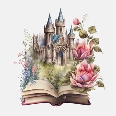 Watercolor Fantasy Books Clipart, Open Book Clip Art, old books, Magic Books, hd, on white background, no text, magical, flowers, castle, house