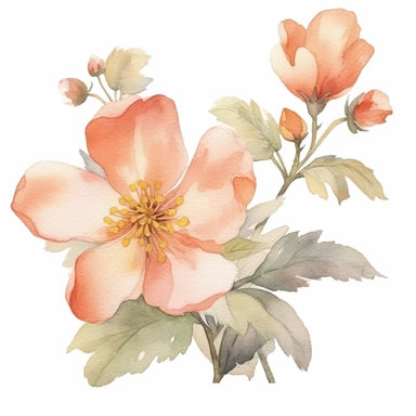 Watercolour clipart of a light peach color, burnet rose blossom theme, vintage effect, high quality, soft and muted colours, bright white background, 8k, f1