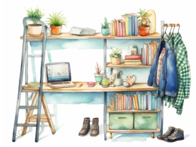 watercolor desk with lamp, book shelves, wardrobe, clothes hanger, clip art,planner elements, stickers a colorful clipping file featuring rhinestones, and accessories, in the style of hand-drawn, hallyu, pastel-hued, logo, sea and coast painter, maranao art, seapunk