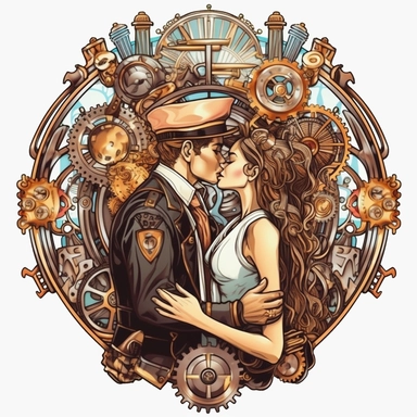 In the enchanting presence of a steampunk steam train, a couple's first kiss takes place, framed by the intricate gearwork and brass accents that adorn the classic locomotive, their love intertwined with the spirit of adventure. Ultra high quality, intricate detail, retro - futurism, pastel clipart, white background