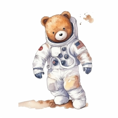 standing Teddy bear as astronaut watercolor clipart , isolated on white background