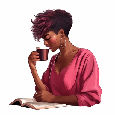 gorgeous black woman clipart, studying the bible sipping a coffee at a cafe, pixie cut hairstyle, dark rose pink blouse, dark brown skinned, melanin, white background