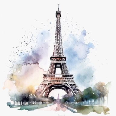 Eiffel Tower - Paris, France, clip art, aquarelle, white background, clean, neat