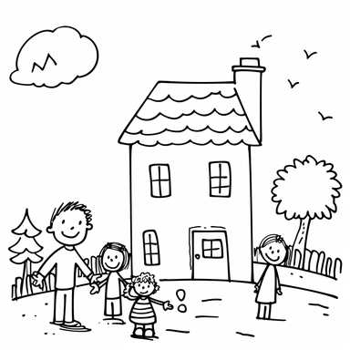 Draw me a favorite coloring picture for children with people and a little house in background, solid simple lines, white background, clipart style, only white with black lines