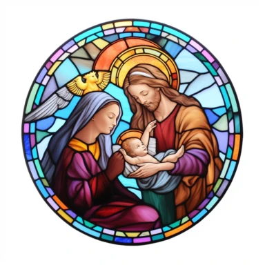 A stained glass window depicted birth of Jesus on a background of white, in the style of reimagined religious art, prismatic portraits, sketchfab, tondo, uhd image, clipart, circular shape,
