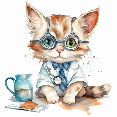 Cute cat BABY, BEAUTIFUL big SHINING EYES ,HAPPY, dressed as a Doctor , Watercolor Little Animals Clipart, COLORFUL