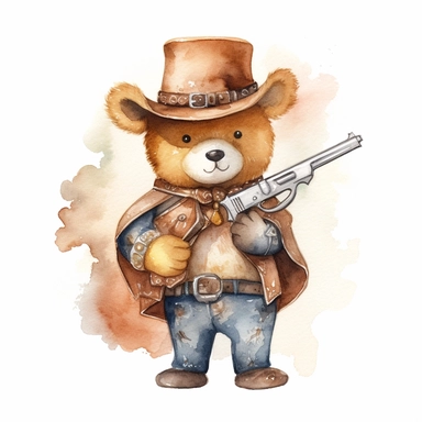 A cute watercolor clipart of a teddy bear dressed in Wild West cowboy attire, with a hat, boots, and a bandana around its neck. The bear has a confident stance and a revolver in its holster