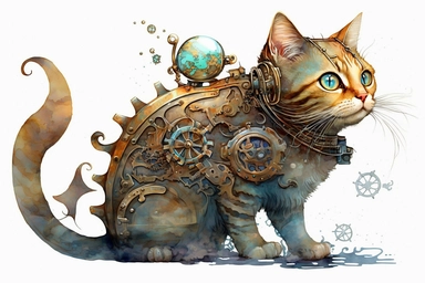 watercolor clipart, A beautiful cute cat with a steampunk-style mechanical fish in its paws, hd, on white background,