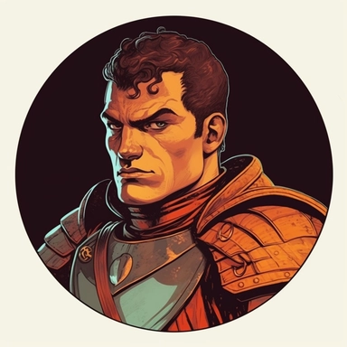 A Dungeons & Dragons character portrait circular tondo depicting a Slavic Moroccan knight, Butcher Billy Josh Kirby, Mad Max Lord of the Rings Discworld, handpainted retrowave, clipart illustration, circular solid background circular border