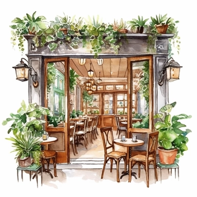 photo realistic clipart watercolor illustration style of cute french cafe interior with open doors clipart, floral glowing plants clipart, delicious pastry, illustration style, green, 8k trending in etsy, super bright vivid, svg, white background, art nouveau art style, ink contour