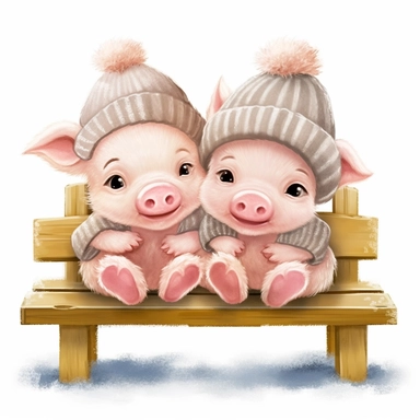 2 cute and fluffy baby pigs sitting on a bench, disney style, clipart on white background, no shading