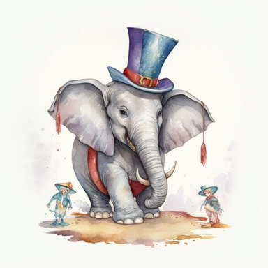 hand drawn Disney’s dumbo the elephant, 1920’s circus, glamorous, very detailed and realistic, watercolor, clipart style, white background with margins
