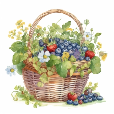 Visualize a clipart-style watercolor illustration of a close up of detailed basket brimming with freshly harvested fruits surrounded by wild flowers on a ranch, set against a clean white background. Use bright, pastel colors to bring out the red strawberries, blue blueberries, and green apples ensuring the colors pop against the stark white backdrop. Utilize leading lines from the basket's rim to the vegetables to create depth. The composition should place the basket of vegetables centrally, emp