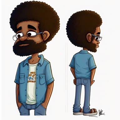 front, side rear view, Draymon, 40 year old black man, illustration for children's book, multiple images facing backwards full body, rear view full body only, no face, afro, back, heal, hair, 40 years old, curly black and gray faded flat top afro, large eyes, wearing blue jeans, blue colar shirt, brown shoes, full beard, full lips, Watercolor Clipart, strybk, full Illustration, 4k, sharp focus, watercolor, smooth soft skin, symmetrical, soft lighting, detailed face, watercolor style, strybk, Oct