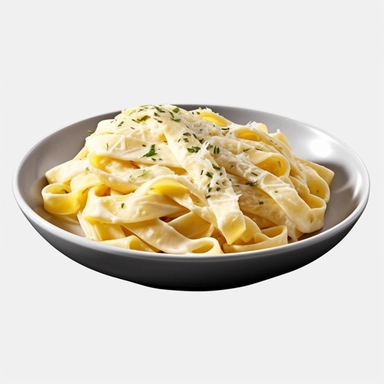 Fettuccine Alfredo: Pasta with a creamy Parmesan and butter sauce , watercolor clipart, transparent white background, food photography, soft cinematic lights, juicy, bright, high quality, ultra detailed, 32k
