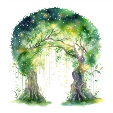 Magical watercolor tree arch with sparkling fireflies and twinkling stars. clipart on white background