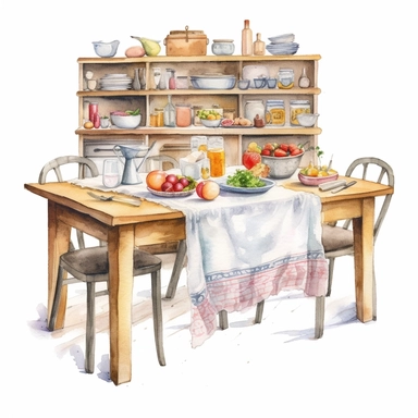 watercolor, hyper realistic, white background, white margins, 16k, ultra detailed clipart, cut out image, hand-drawn cozy kitchen with soft grey walls, open shelving, and a large wooden table with a colorful tablecloth