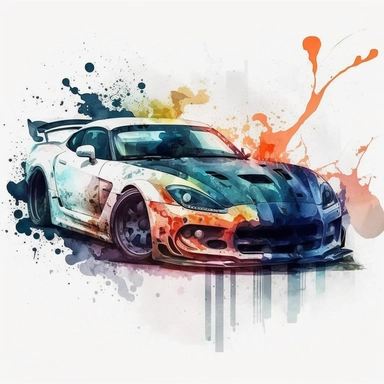 watercolor fast and furious sport car clipart, white background
