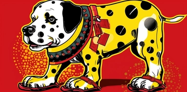 animal clip art spotted dog clipart, in the style of japanese traditional art influence, yellow and red, shoe paintings, trompe-l'œil illusionistic detail, aerial view, cultural satire graffiti, double lines