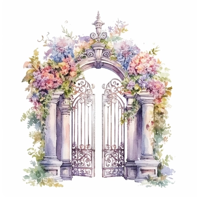 Heavenly Floral Gate Clipart, Watercolor Cartoon, hyper realistic, intricate detail, illustration style, high resolution, on the white background