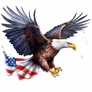 flying bald eagle with american flag in his talons, clip art, white background